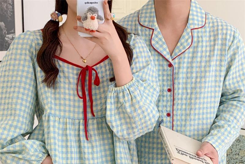 Couple Matching Long Sleeve Square Neck Plaid Bow Pajama Blouse / Collared Shirt / Straight Leg Pants / Pajama Dress / Set (Various Designs) Product Image