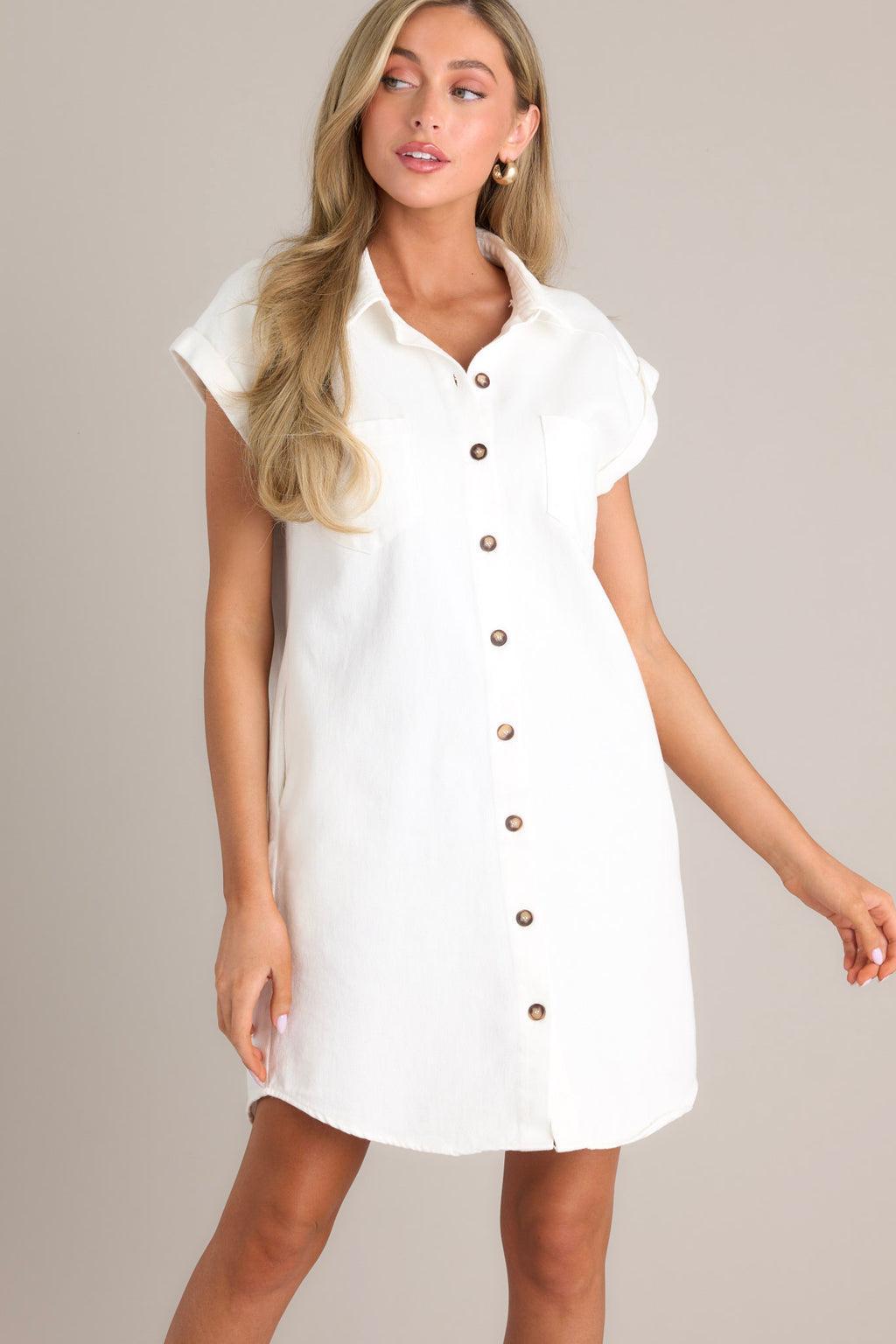 Stop & Stare White Denim Button Front Mini Dress Product Image