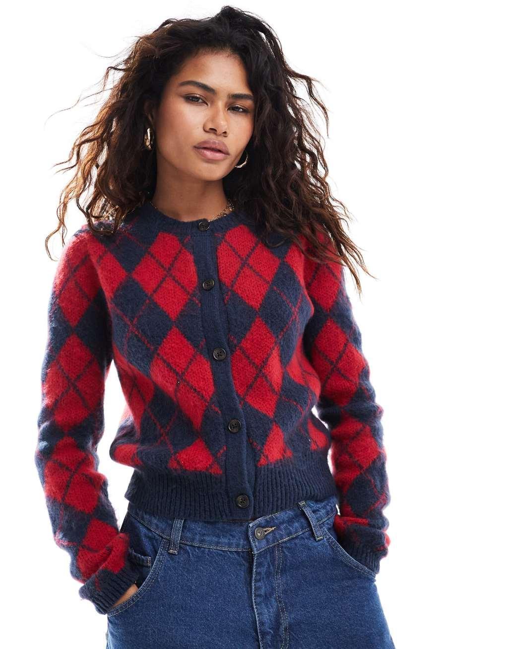 COLLUSION Argyle cardigan in red & blue Product Image