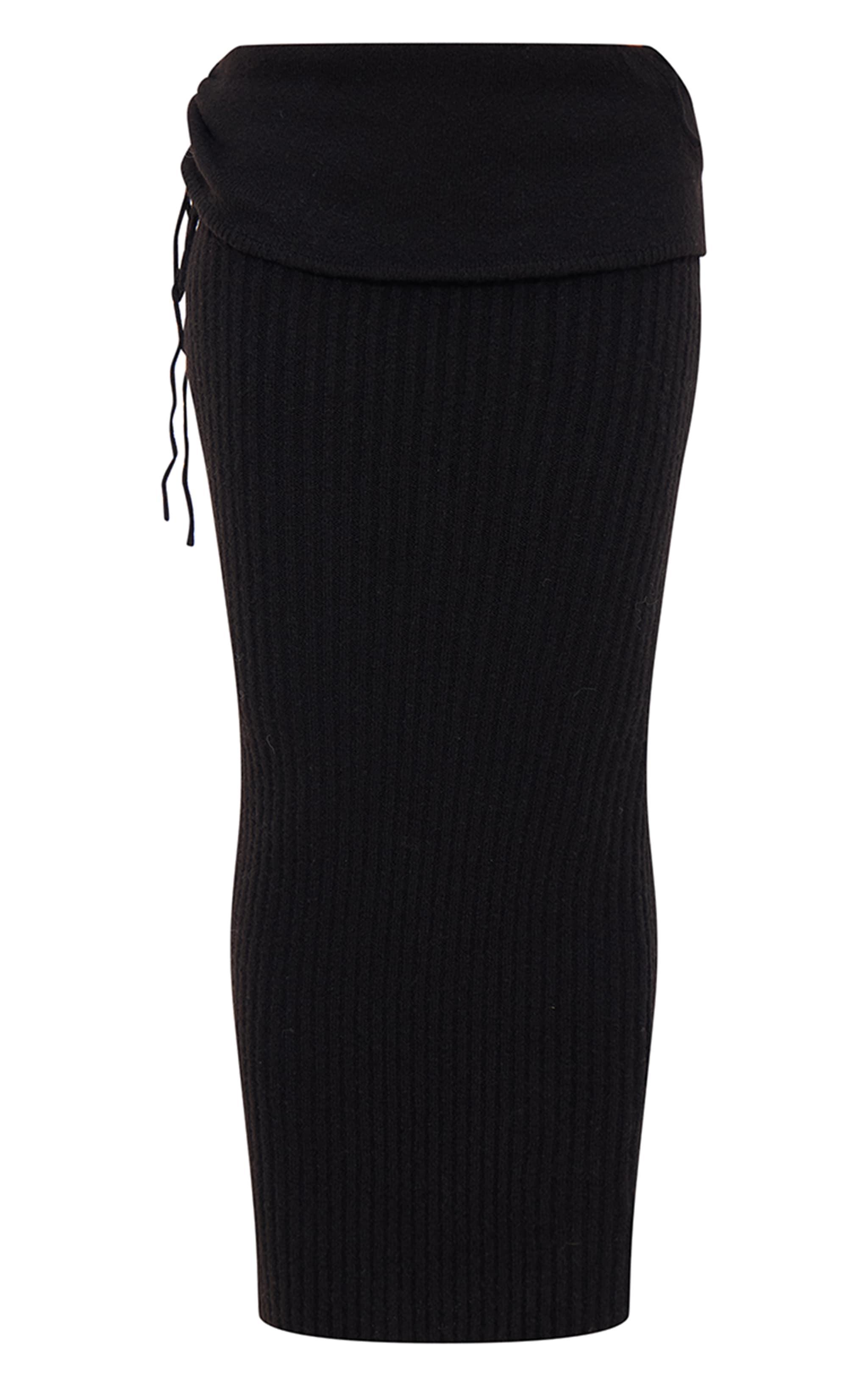 Black Ribbed Knit Ruched Fold Over Maxi Skirt Product Image