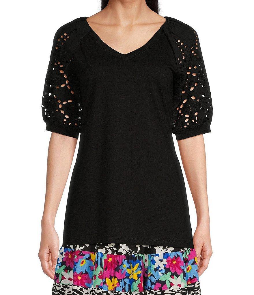 Calessa Knit Eyelet Embroidered V-Neck Elbow Sleeve Pullover Top Product Image