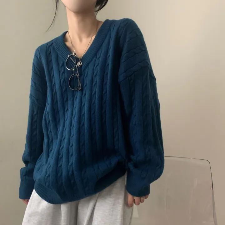 V-Neck Plain Cable-Knit Oversized Sweater Product Image