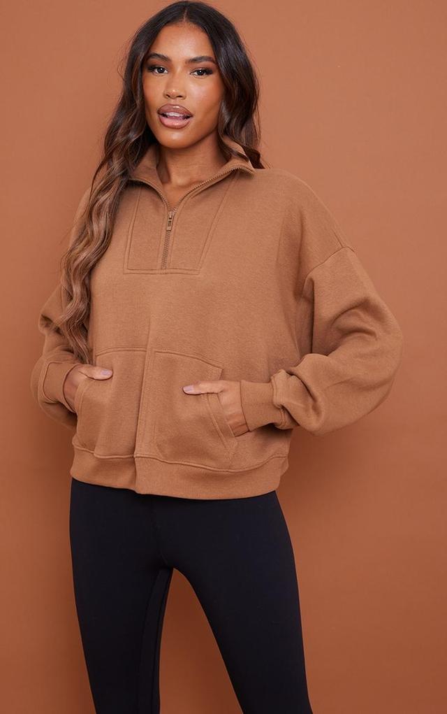 Chocolate Double Pocket Half Zip Seam Detail Sweatshirt Product Image