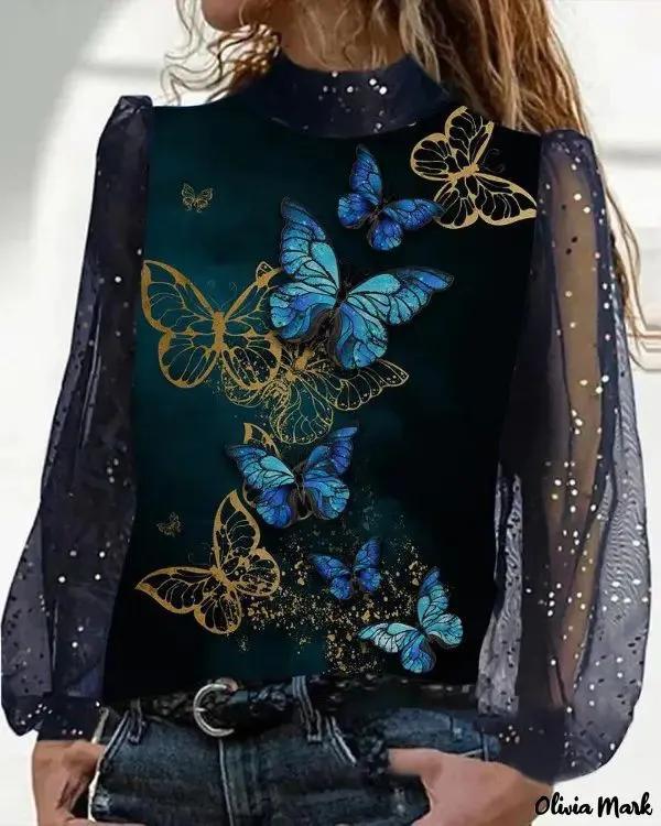 Olivia Mark – Butterfly Print Contrast Mesh Long Sleeve Top Product Image