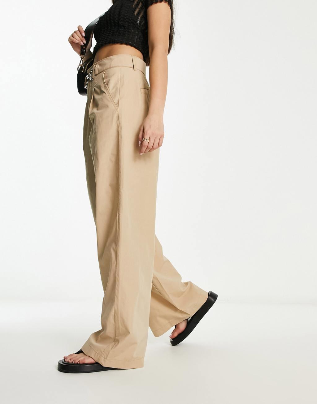 River Island belted wide leg pants with hardware detail in beige  Product Image