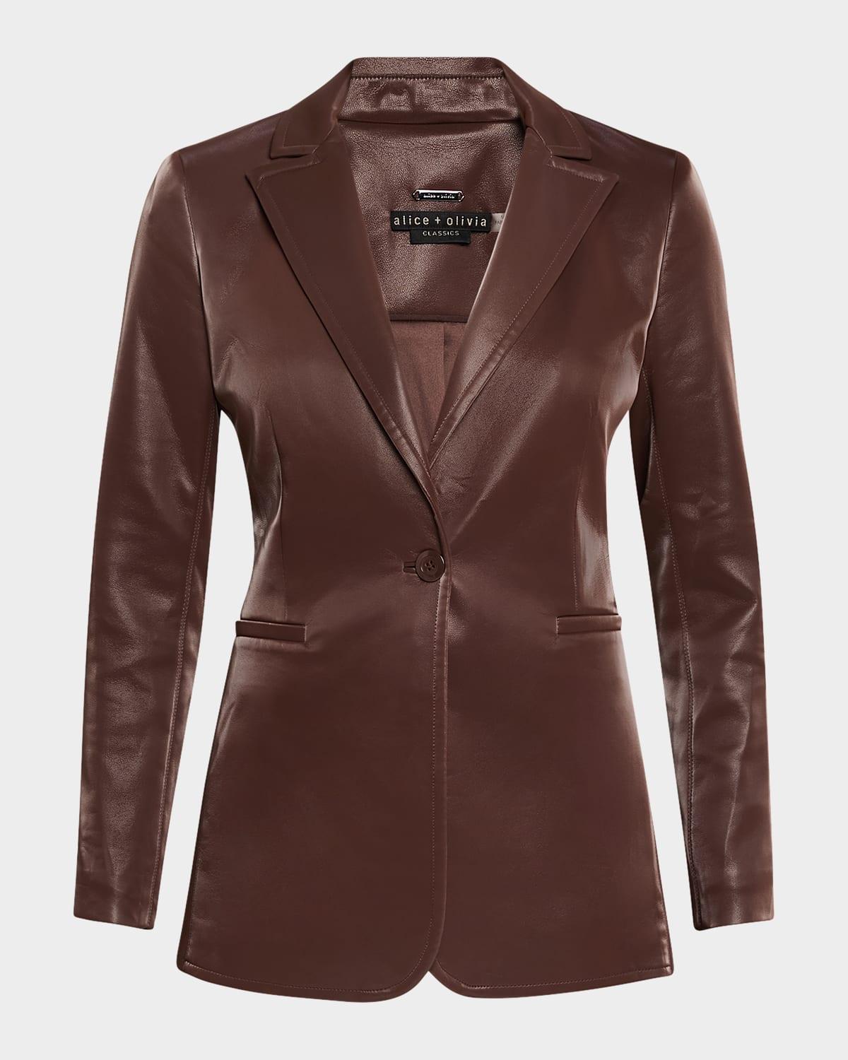 ALICE AND OLIVIA Breann Vegan Leather Long Fitted Blazer In Espresso Product Image