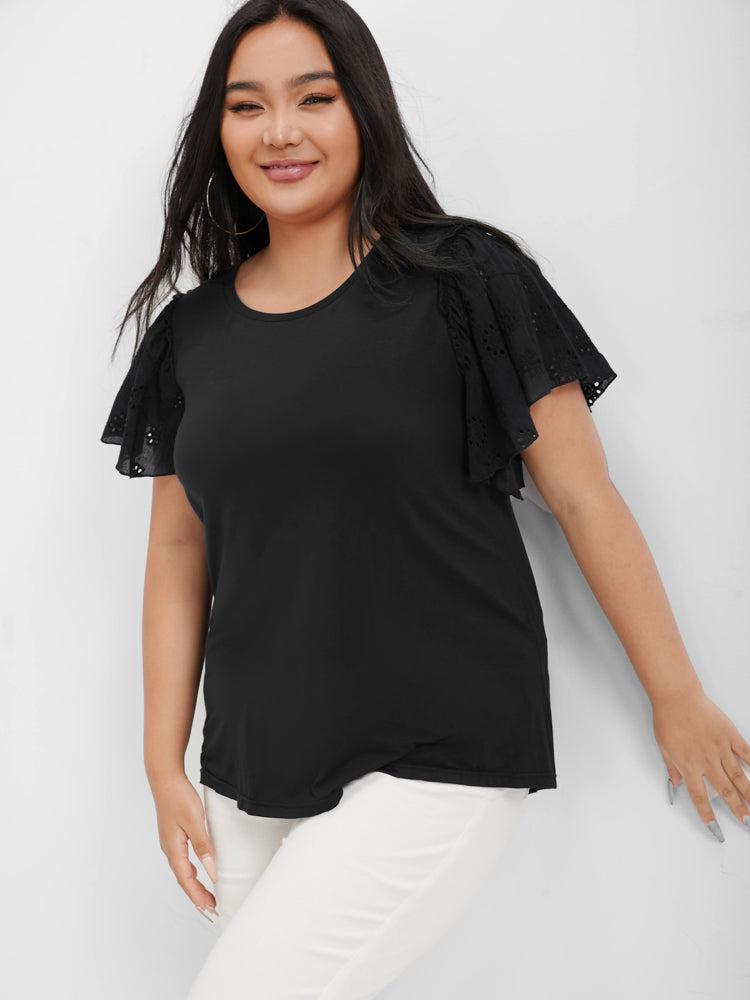 Plain Tiered Sleeve Eyelet T-shirt Female Product Image