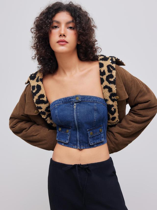 Denim Solid Button Cargo Crop Tube Top Product Image