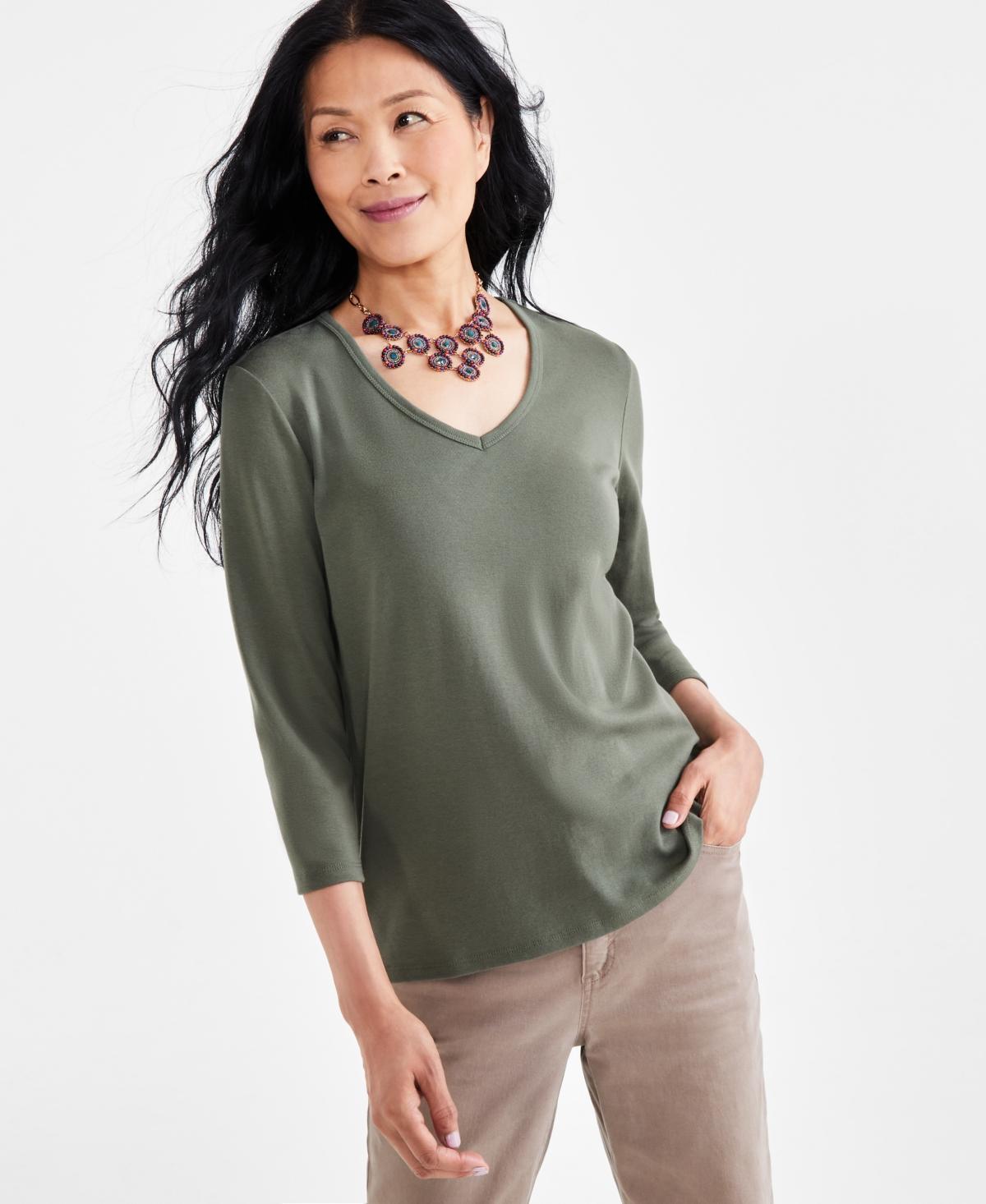 Style & Co Womens Cotton 3/4-Sleeve V-Neck Tee, Created for Macys Product Image