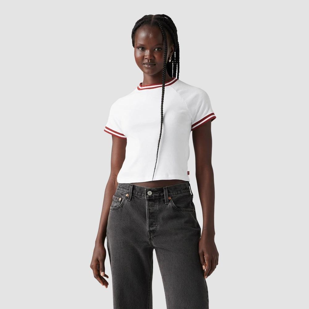 Levis Womens Short Sleeve Cropped Oracle Ringer T-Shirt - White/Red Product Image