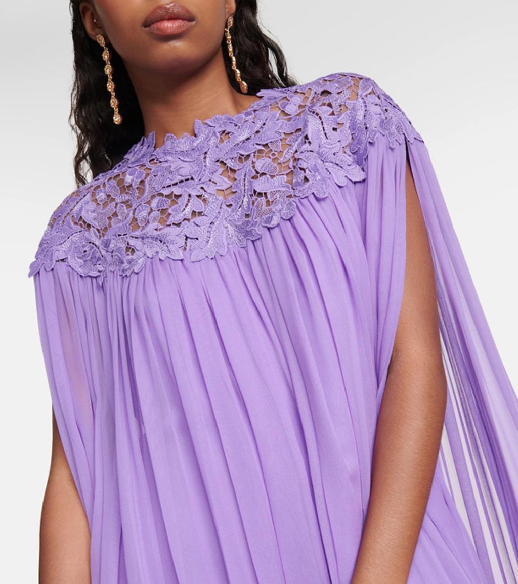 Lace-trimmed Caped Silk Crêpe Gown In Purple Product Image