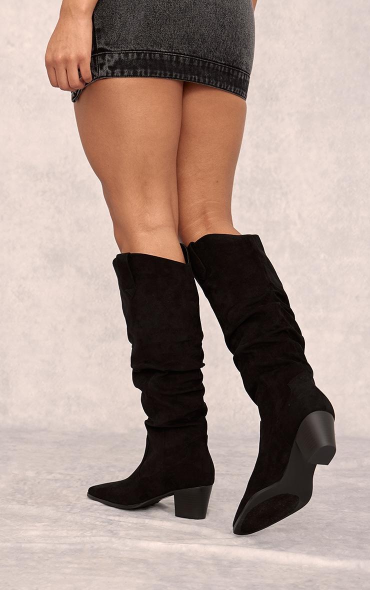 Black Faux Suede Point Toe Ruched Knee High Heeled Western Boots Product Image