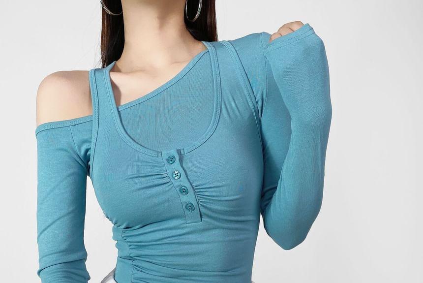 Set: Long-Sleeve One-Shoulder Plain Tee + Henley Ruched Tank Top Product Image