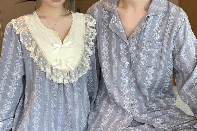 Couple Matching Pajama Set: Long Sleeve Patterned Print Top + High Waist Straight Leg Pants (Various Designs) Product Image