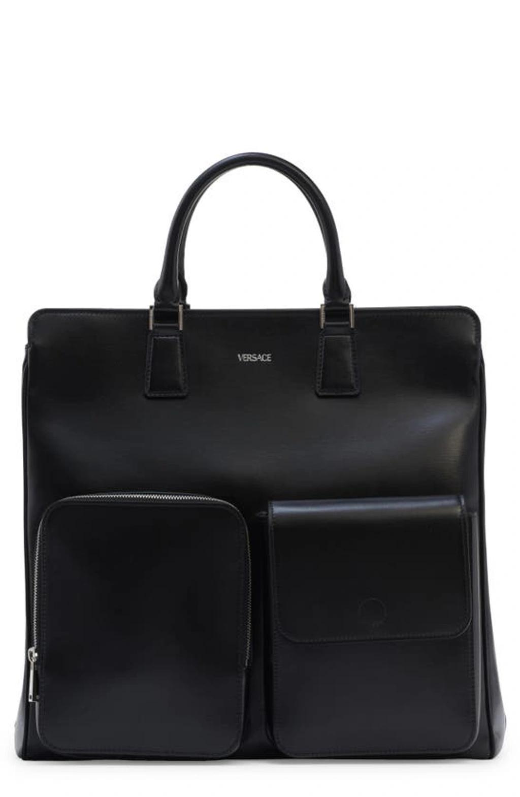 VERSACE Cargo Calfskin Tote In Black+silver Product Image