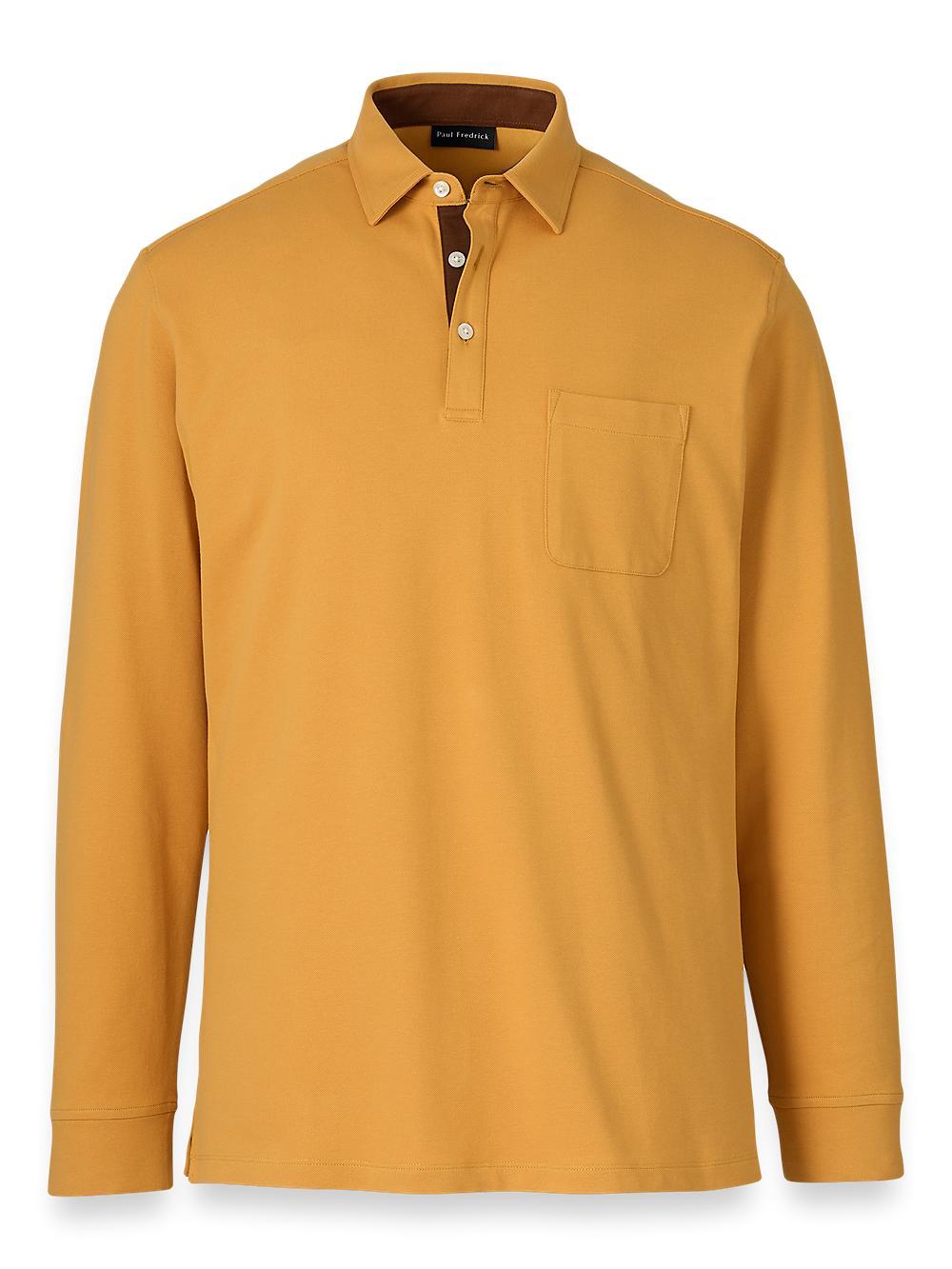 Cotton/Spandex Pique Three Button Polo - Gold Product Image