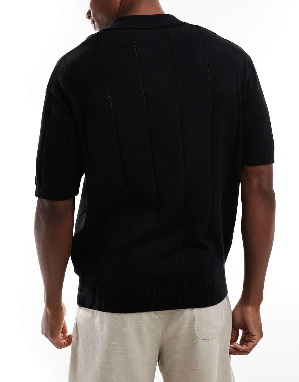 Bershka textured knitted polo shirt in black Product Image