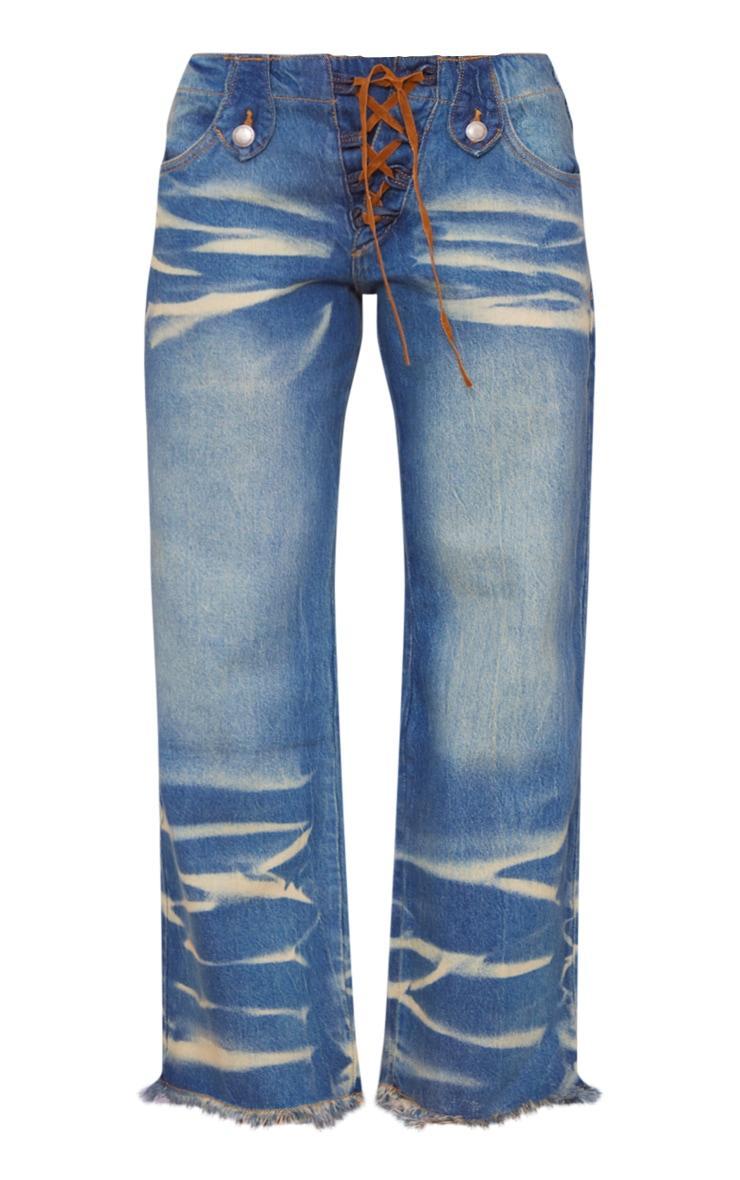 Petite Mid Blue Wash Low Rise Lace Up Wide Leg Jeans Product Image