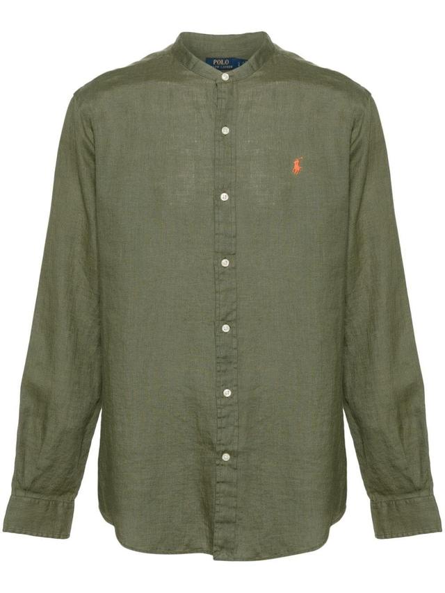 Polo-pony-motif Linen Shirt In Green Product Image