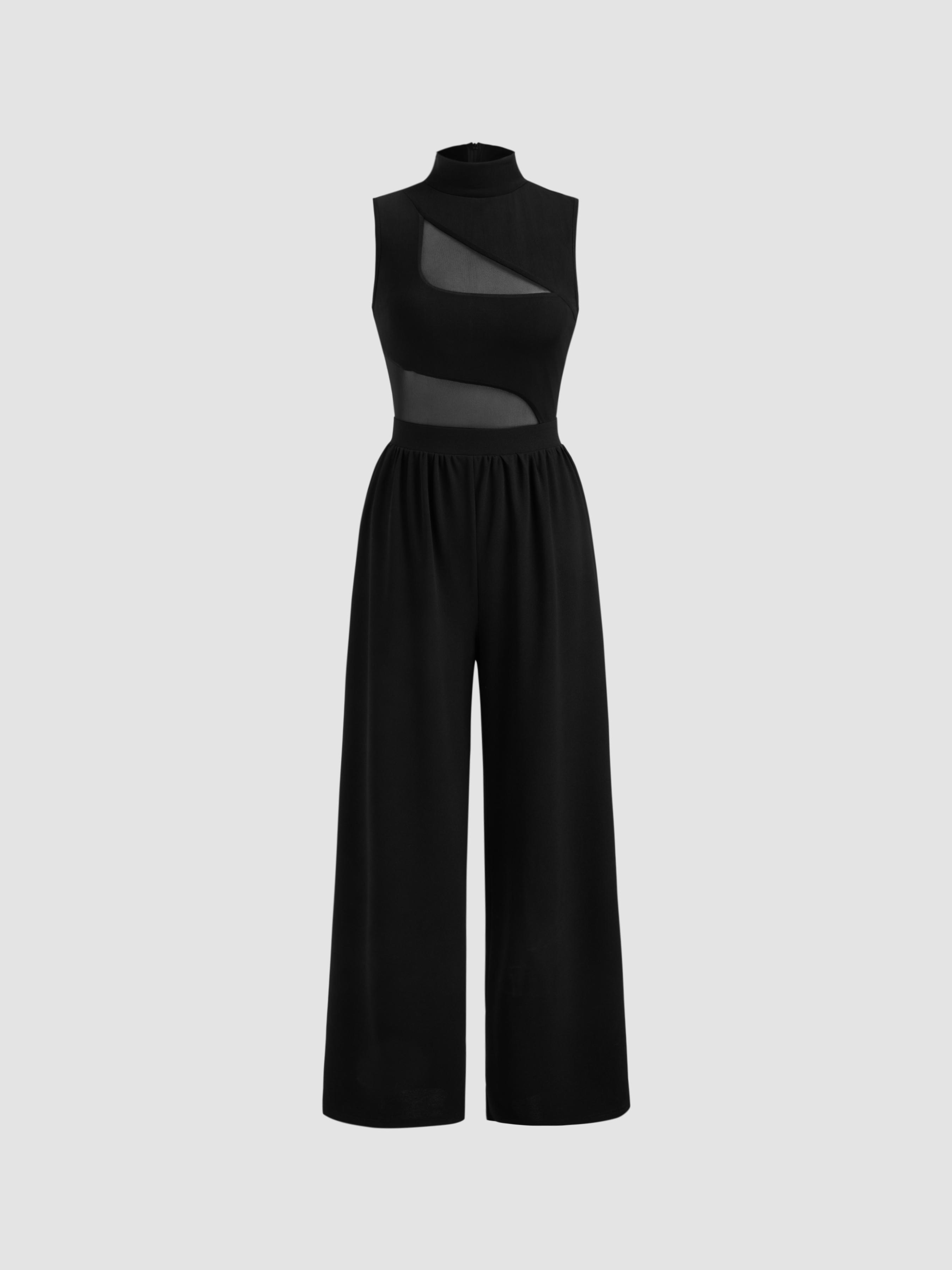 High Neck Solid Cut Out Patched Wide Leg Jumpsuit Product Image