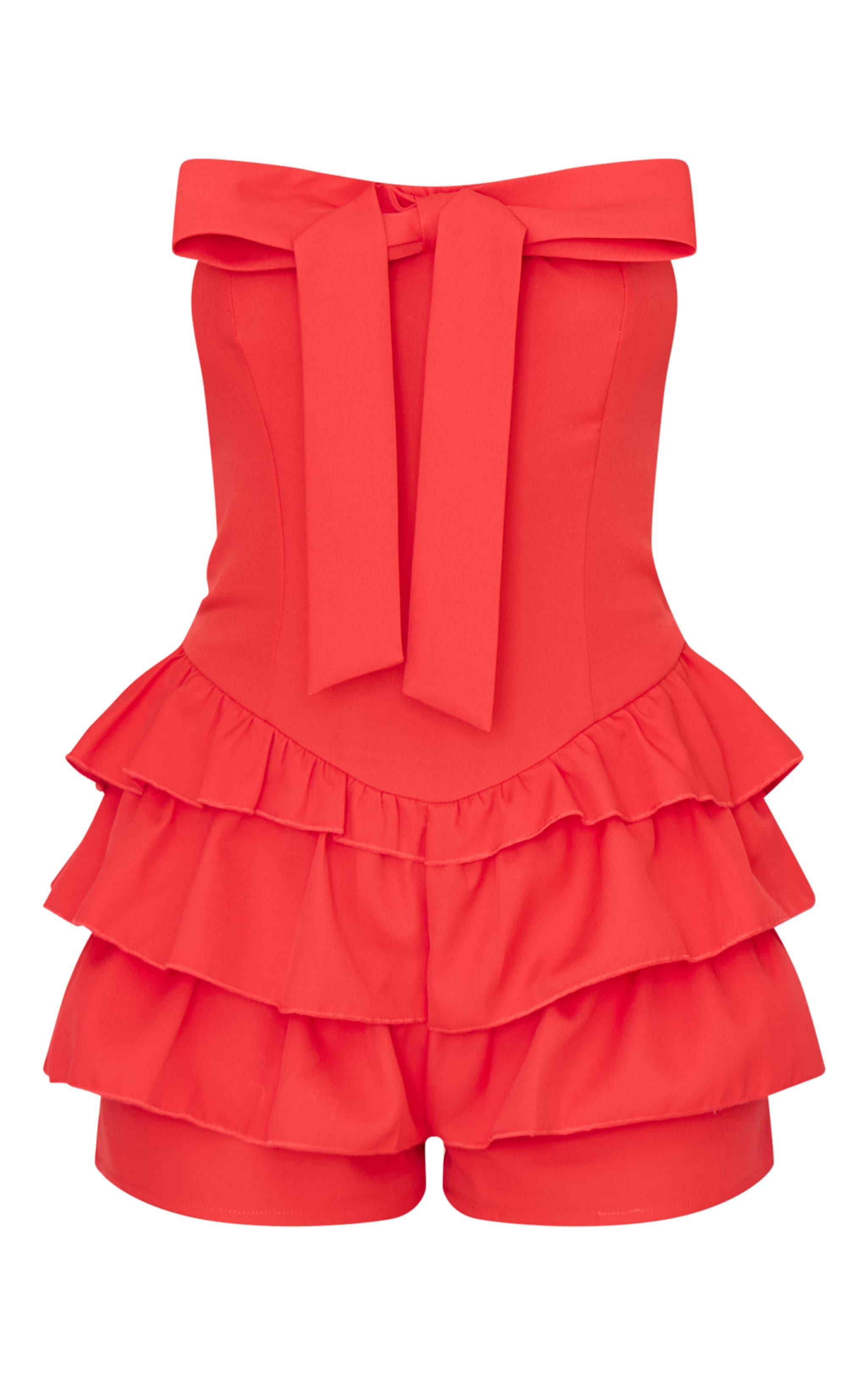 Red Bandeau Bow Detail Bloomer Skort Romper Product Image