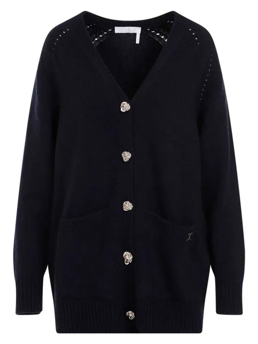 Dark Blue V-neck Cashmere Cardigan. Product Image