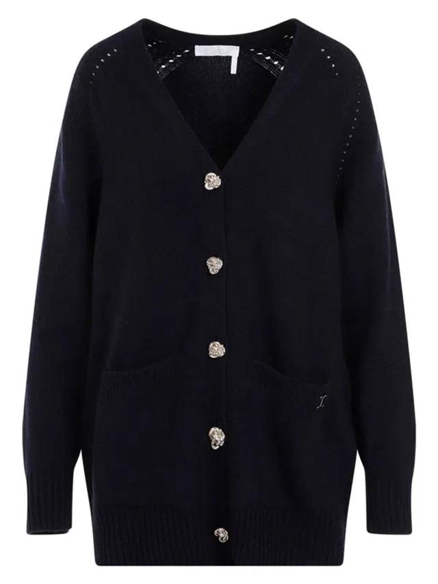 Dark Blue V-neck Cashmere Cardigan. Product Image