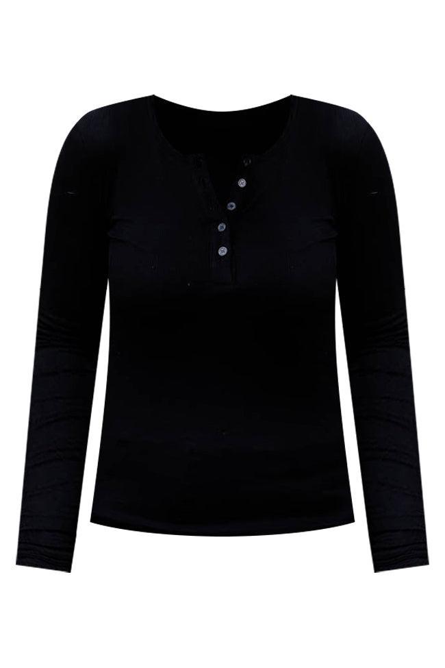 All The Better Black Ribbed Knit Henley Long Sleeve Tee Product Image