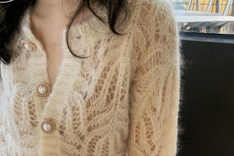 Round Neck Plain Faux Pearl Button Cardigan Product Image