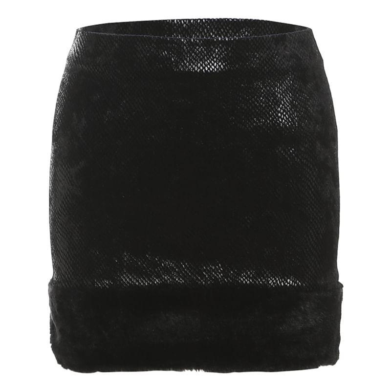 Long Sleeve Off-Shoulder Furry-Trim Zip-Up Slim-Fit Top / Low Rise Mini Pencil Skirt Product Image