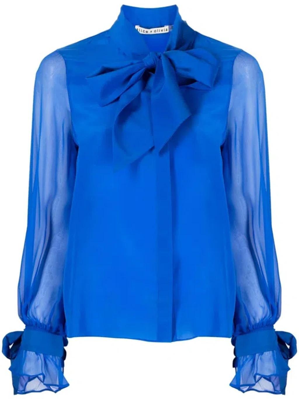 ALICE AND OLIVIA Pussy-bow Collar Silk Blouse In Blue Product Image