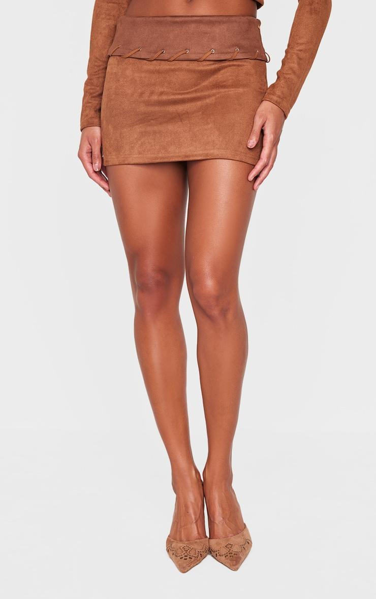 Brown Faux Suede Contrast Fold Over Stitch Detail Mini Skirt Product Image