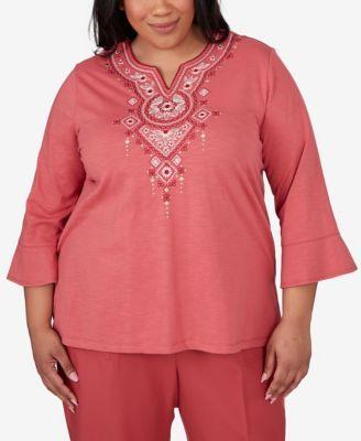 Plus Size Sedona Sky Split Neck Floral Embroidered Top Product Image