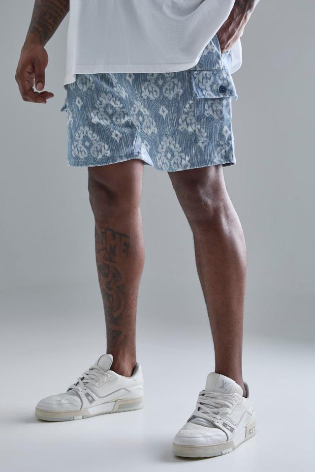 Plus Elasticated Waist Textured Cargo Short In Blue | boohooMAN USA Product Image