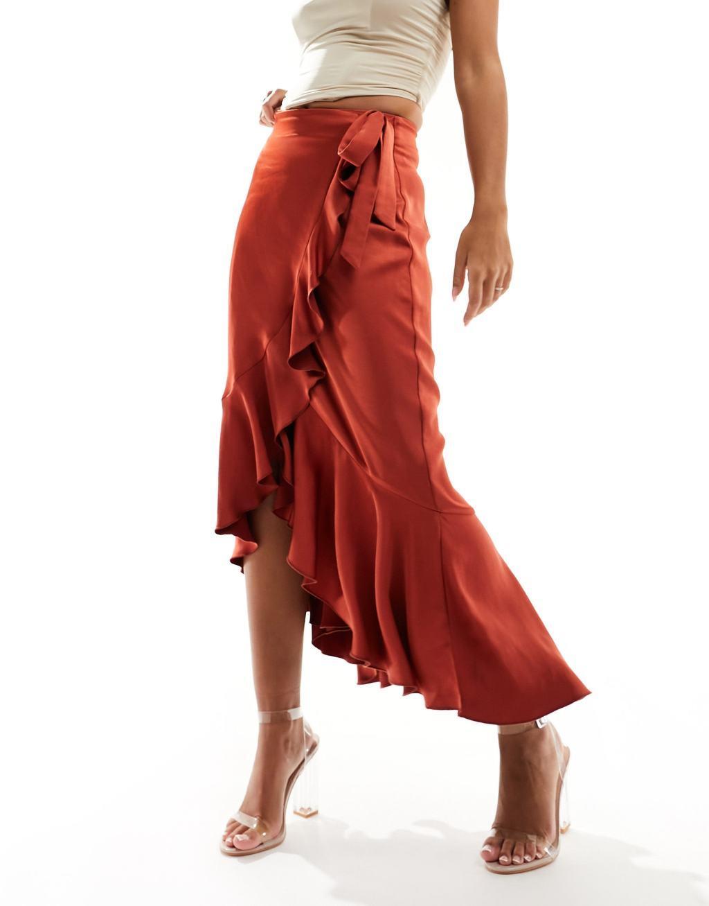 Flounce London satin wrap midaxi skirt in rust Product Image