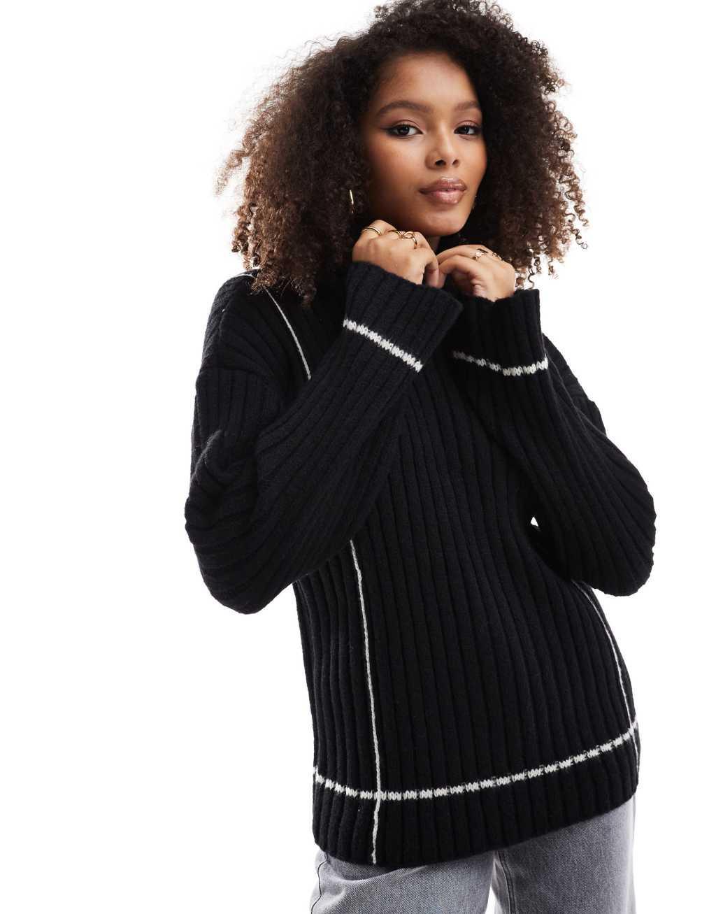 YAS contrast stitch ribbed sweater in black and cream Product Image