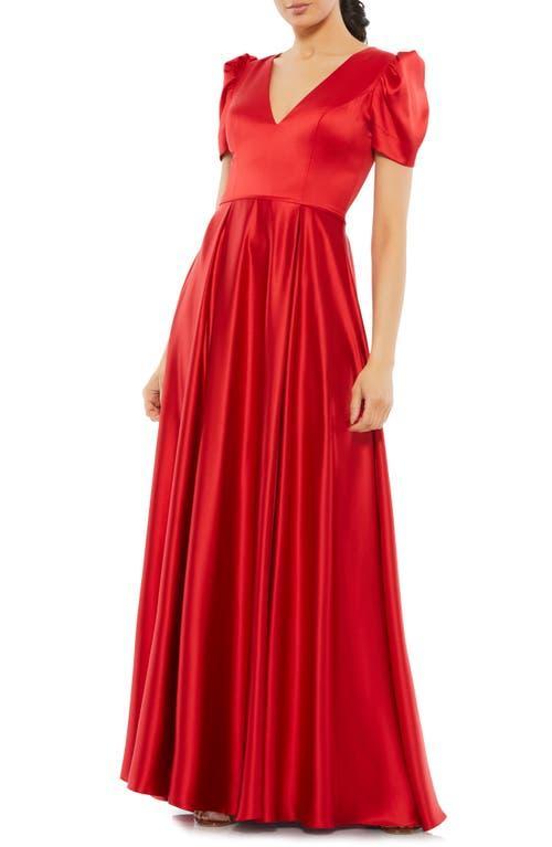 Mac Duggal Puff Sleeve Satin A-Line Gown Product Image