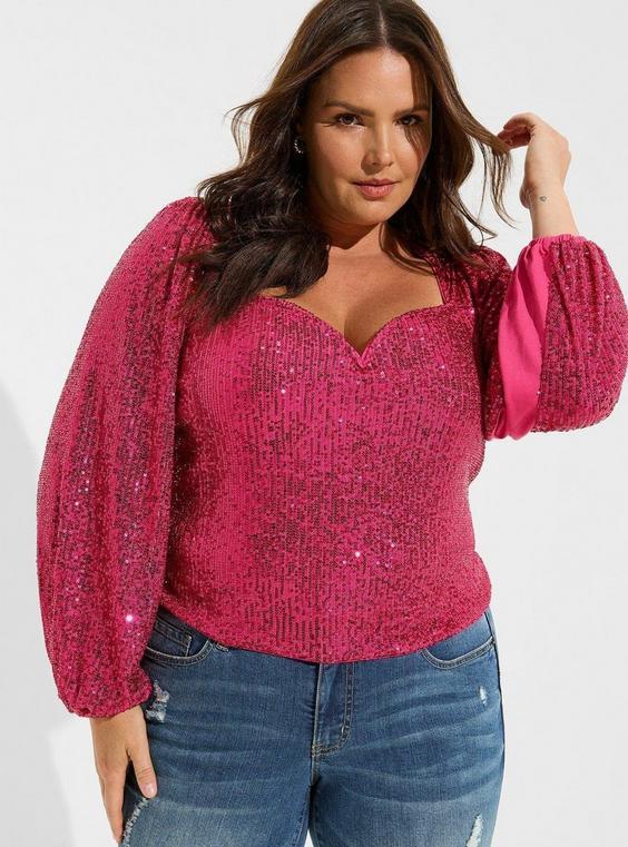 Sequin Deep V-Neck Long Sleeve Blouse Product Image