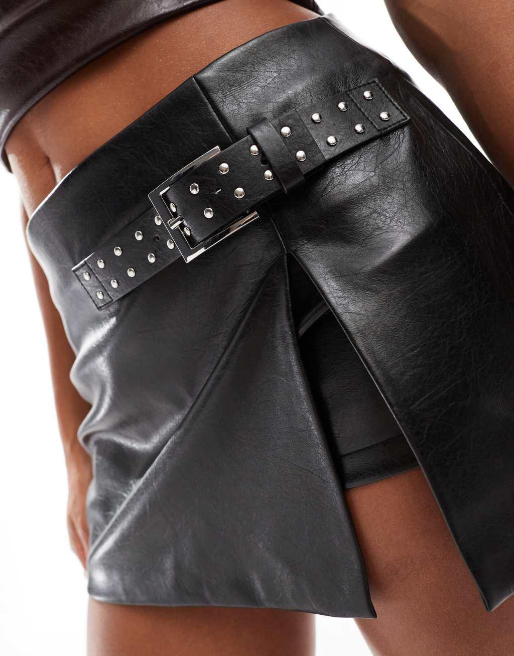 Bershka belted faux leather mini skirt in black Product Image