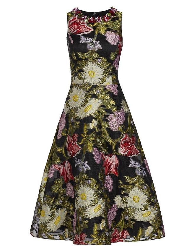 Womens Embellished Floral Jacquard Sleeveless Midi-Dress Product Image