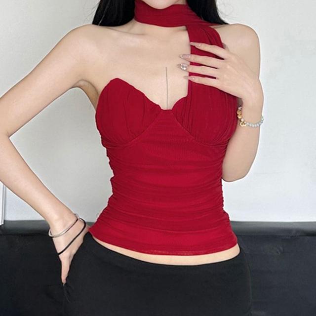 Scarf Collar Plain Ruched Slim-Fit Tube Top Product Image