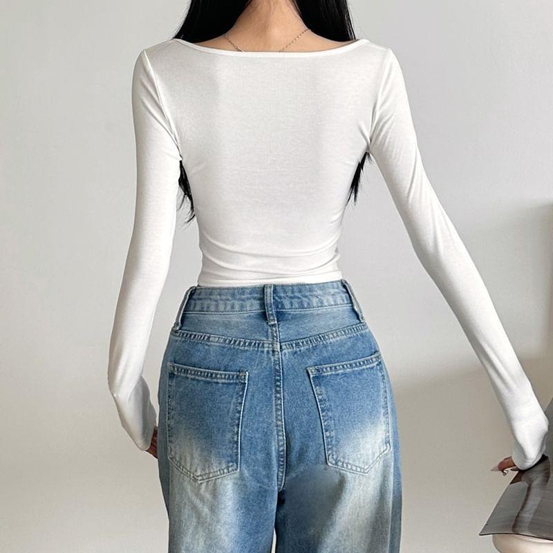 Long-Sleeve Square Neck Plain Lace Panel Hook And Eye Crop Top Product Image