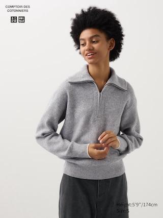 Womens Lambswool Half-Zip Sweater Light Gray 2XL UNIQLO US Product Image