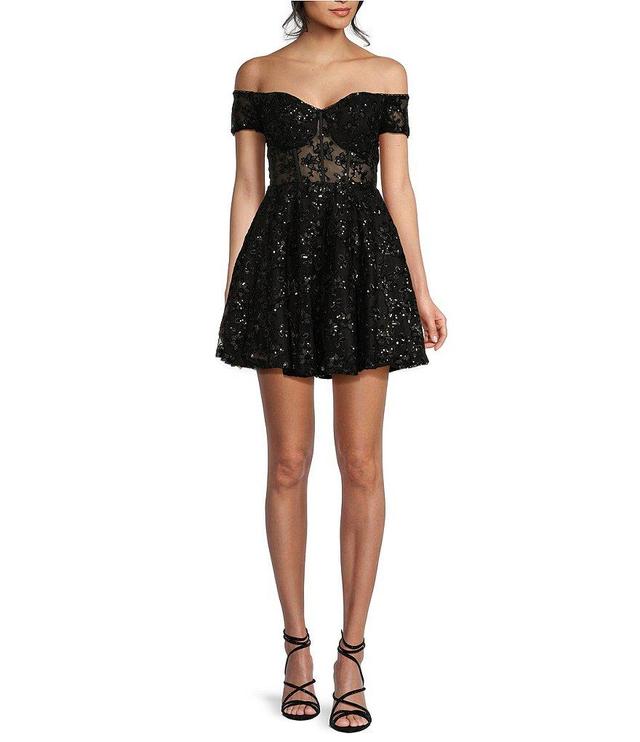 B. Darlin Sequin Off-The-Shoulder Lace Corset Fit & Flare Dress Product Image