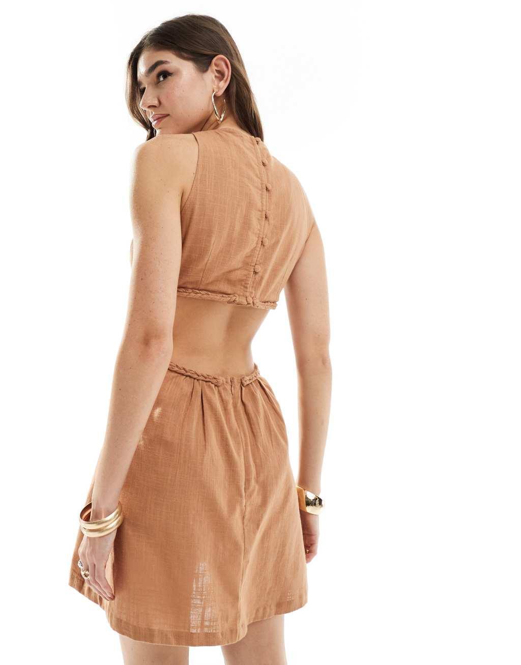 Pretty Lavish cut-out cotton mini dress in biscuit Product Image