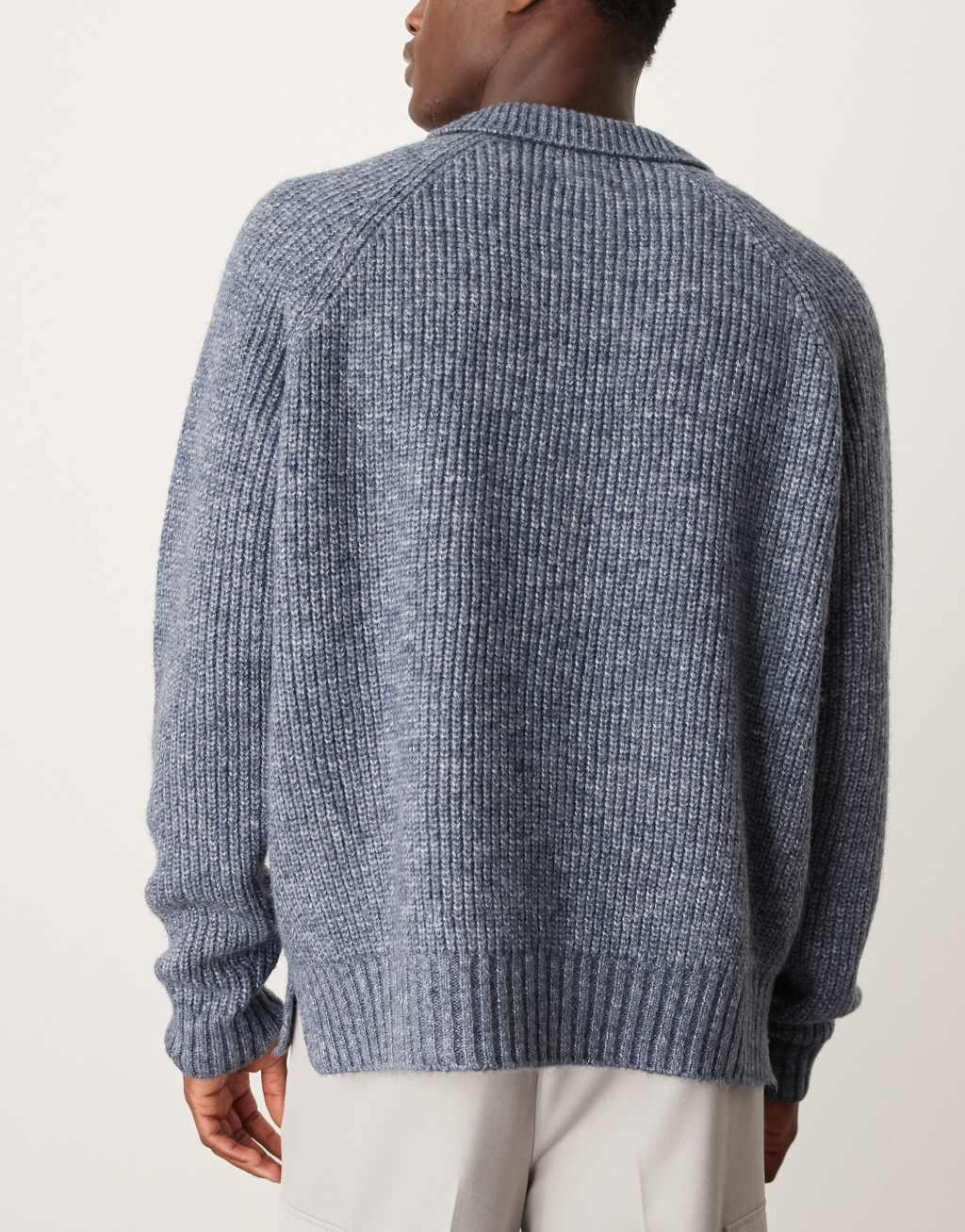 ASOS DESIGN oversized boxy fit heavyweight knitted wool mix cable sweater with collar in blue heather Product Image