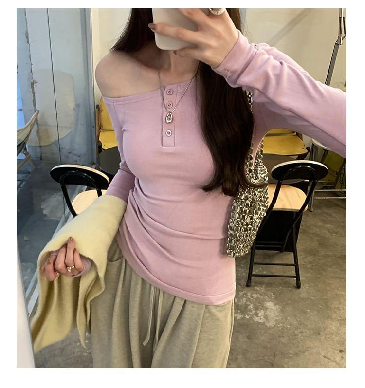 Long-Sleeve Off Shoulder Half buttoned Plain Top Product Image