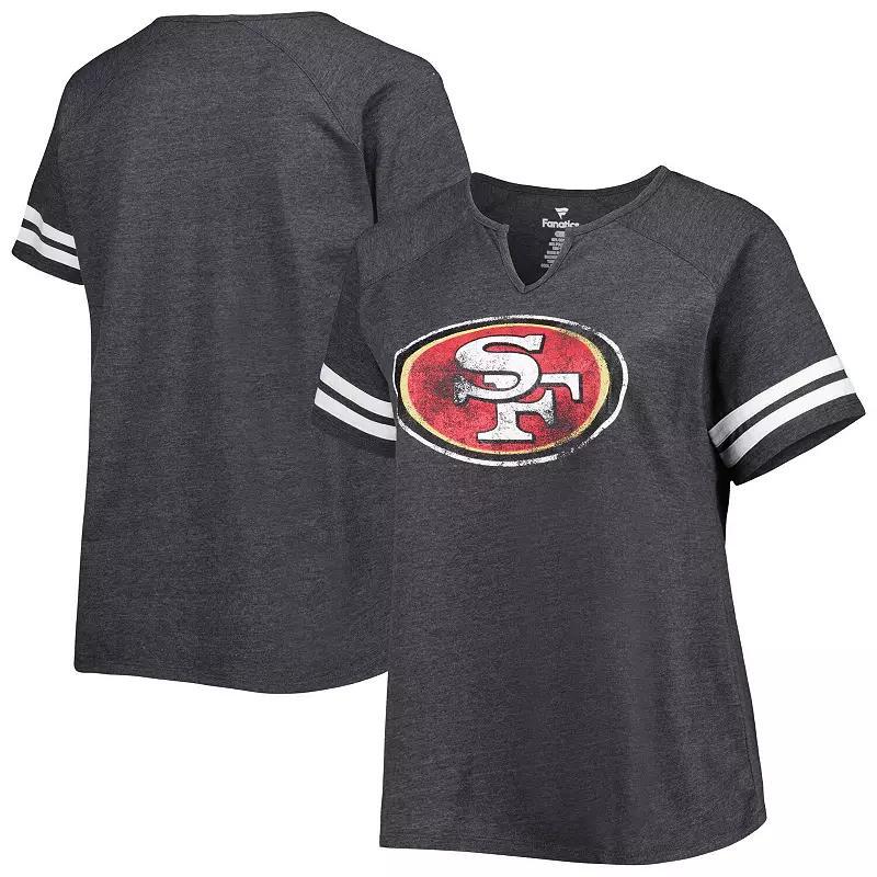 Womens Fanatics Branded Heather Charcoal San Francisco 49ers Plus Size Logo Striped Raglan Notch Neck T-Shirt Product Image