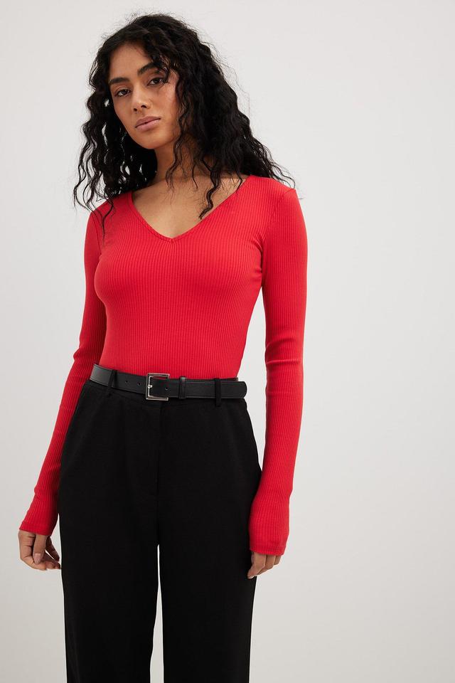 V-Neck Ribbed Long Sleeve Top Product Image