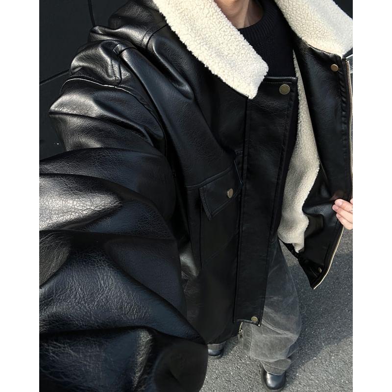 Fleece Collar Faux Leather Zip Jacket Product Image